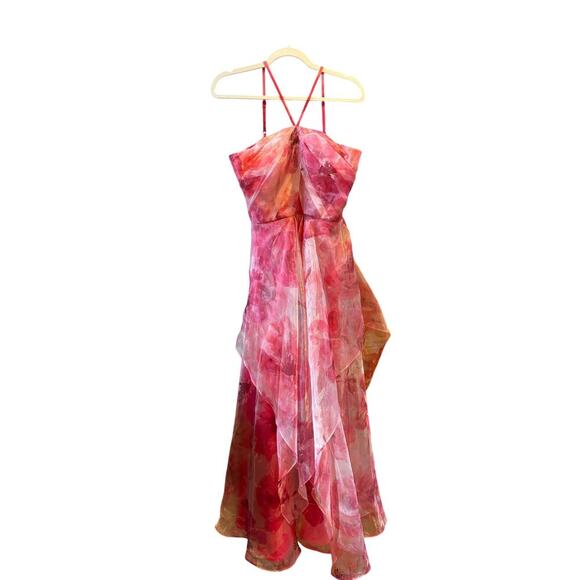 Eliza j floral poppy pink chiffon gown dress 6 flawed - Picture 5 of 13